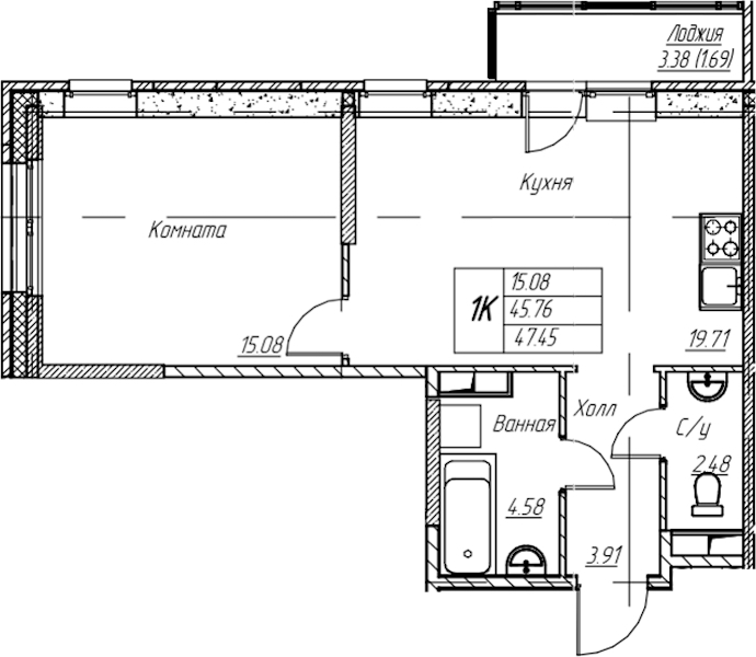1-комнатная квартира 47.45 м², 2/22 эт., ЖК «Парк-квартал Юнтолово»